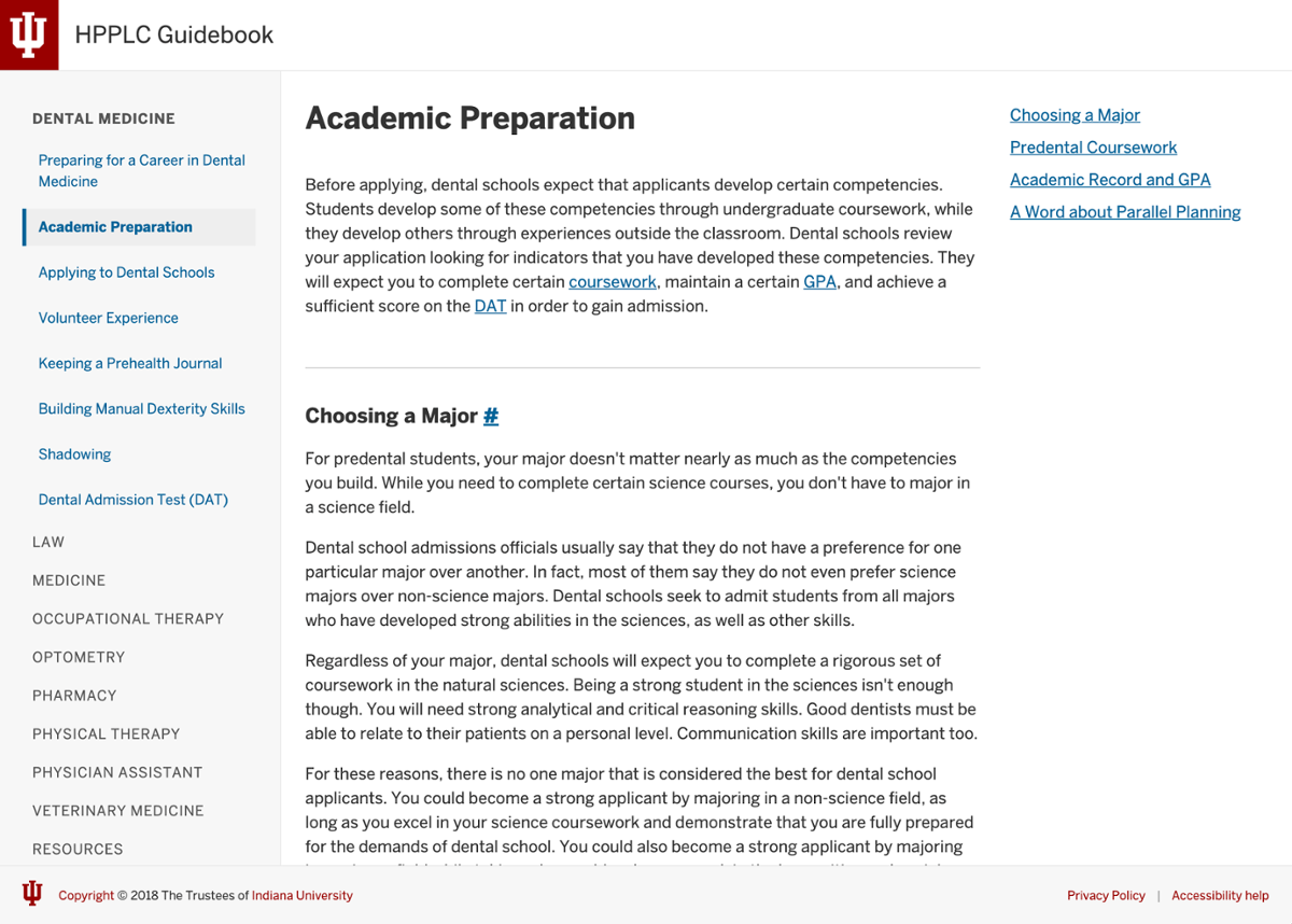Screen capture of the HPPLC Guidebook, with resources related to all of the professional schools HPPLC advises students for.
